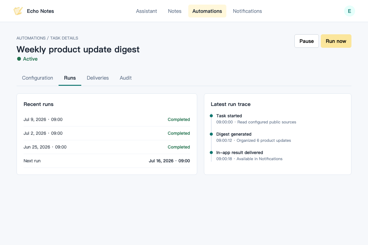 Automation detail view showing schedule, next run, run history, and audit events