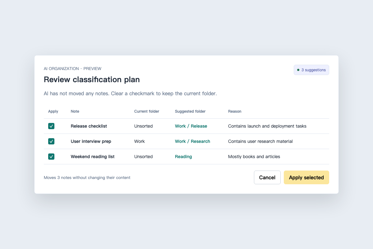 AI classification plan showing current folders beside proposed folders for review
