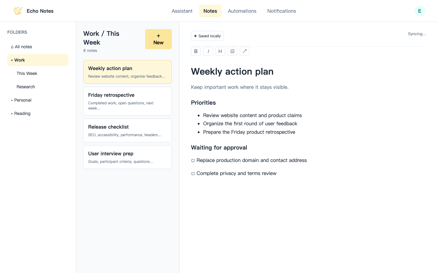 Markdown editor showing a weekly plan, task list, and locally saved status